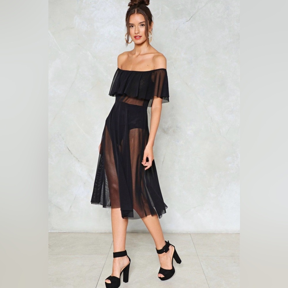Nasty Gal Meshed Up Off-The-Shoulder Dress Sheer Size 8 Black